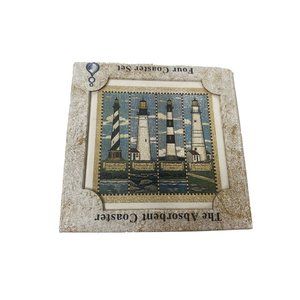 Absorbastine Absorbent 4 Square Coasters Lighthouse Cork Bottom NEW Blue Ocean